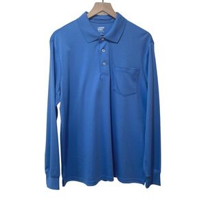 Lands End Mens Blue Long Sleeve Polo Shirt Traditional Fit Cotton Large Pocket